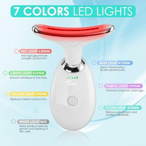 LED light therapy device with 7 color options for skin treatment.