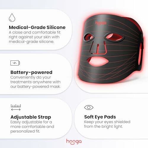 Hooga LED face mask features medical-grade silicone, battery power, adjustable strap, and soft eye pads.