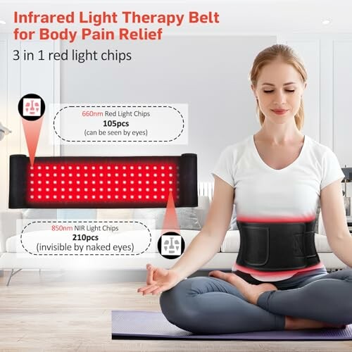 Woman using infrared light therapy belt for body pain relief.