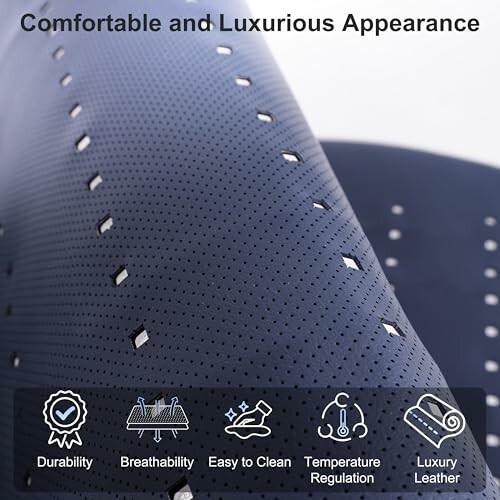 Perforated luxury leather material with durability, breathability, easy to clean, temperature regulation features.