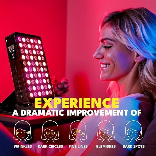 Woman using red light therapy device with benefits listed: wrinkles, dark circles, fine lines, blemishes, dark spots.