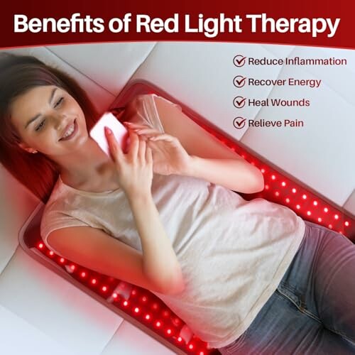 Woman using red light therapy device with benefits listed.