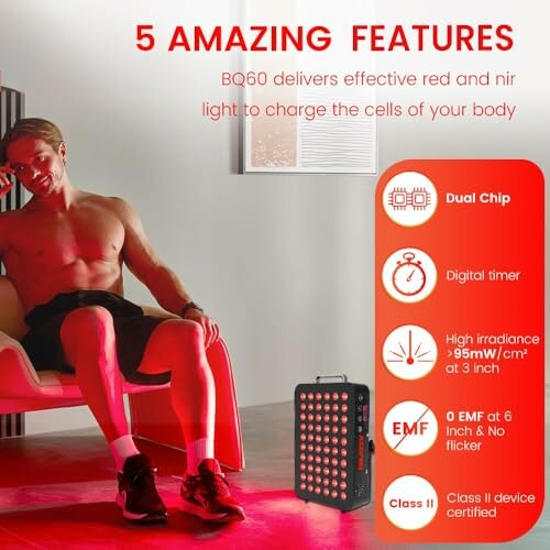 Man using red light therapy device with features listed.