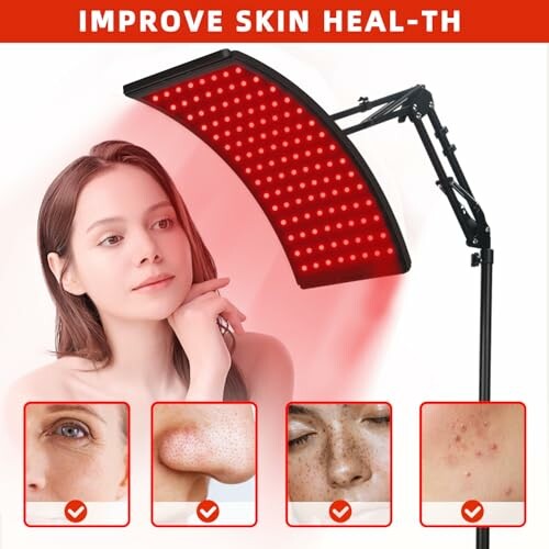 Woman using red light therapy device for skin care improvement