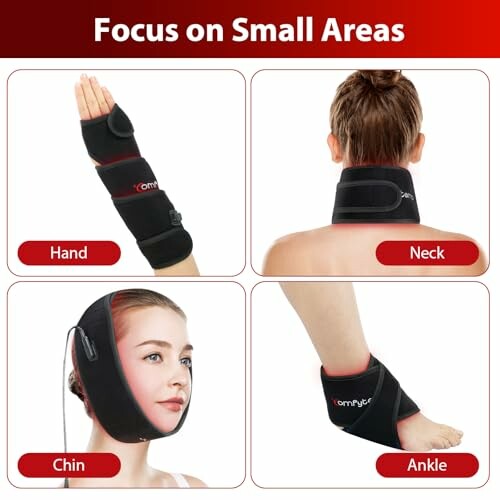 Four images showing therapy wraps for hand, neck, chin, and ankle.